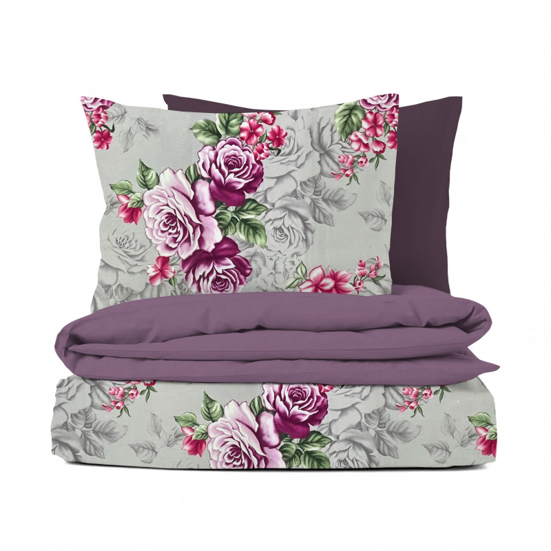 Ervi Bavlněné Saténové povlečení DELUXE DUO - Růže fialové/fialové