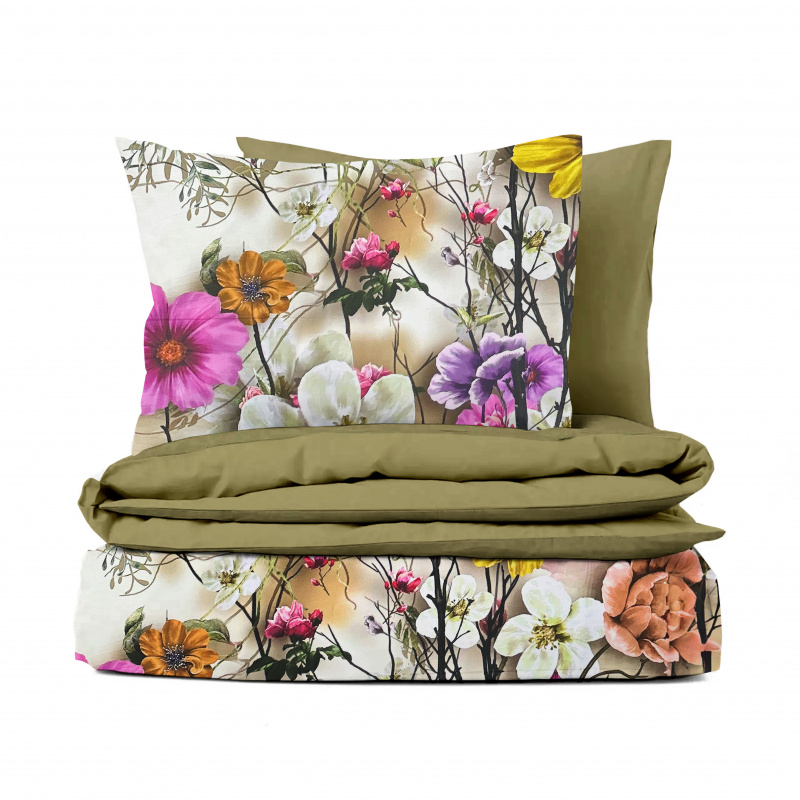 Ervi Bavlněné Saténové povlečení DELUXE DUO - Exotické květy/olivové