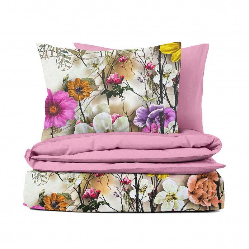 Ervi Bavlněné Saténové povlečení DELUXE DUO - Exotické květy/růžové