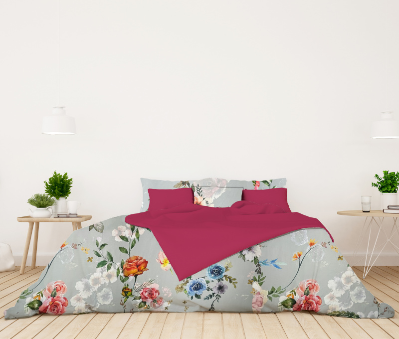 Ervi Bavlněné Saténové povlečení DELUXE DUO - Barevné květy na šedém/fuchsia