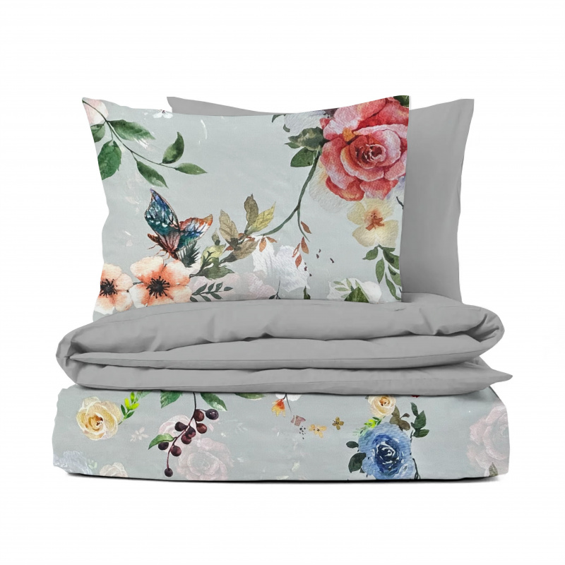 Ervi Bavlněné Saténové povlečení DELUXE DUO - Barevné květy na šedém/šedé