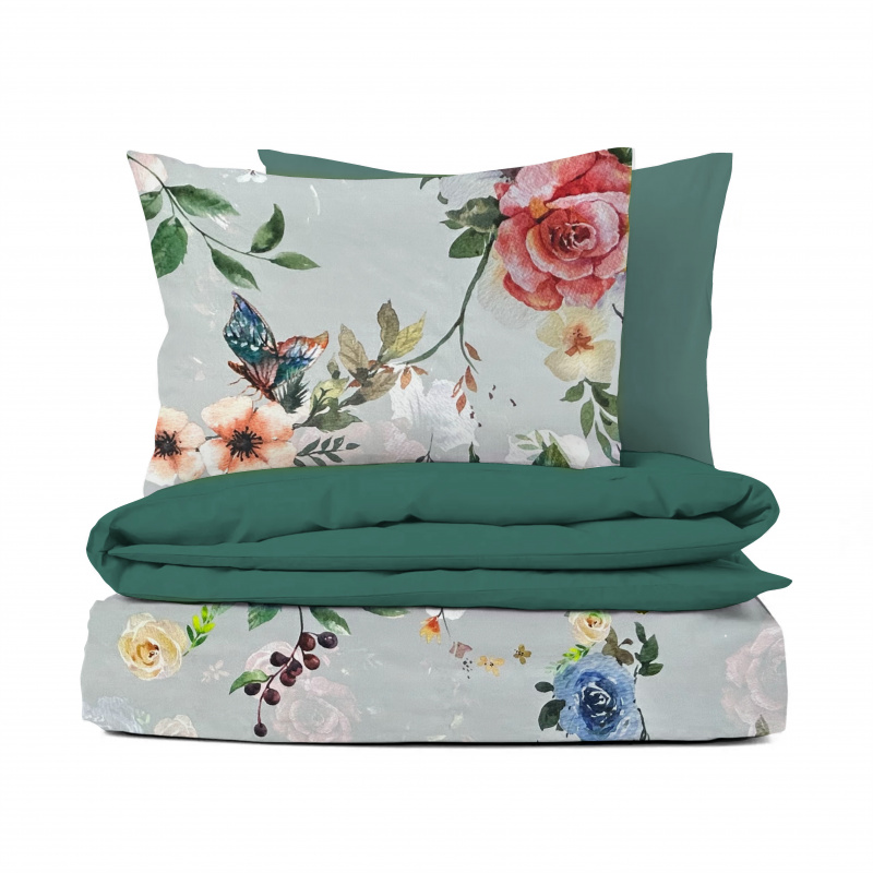 Ervi Bavlněné Saténové povlečení DELUXE DUO - Barevné květy na šedém/zelené
