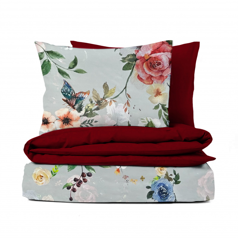 Ervi Bavlněné Saténové povlečení DELUXE DUO - Barevné květy na šedém/bordo