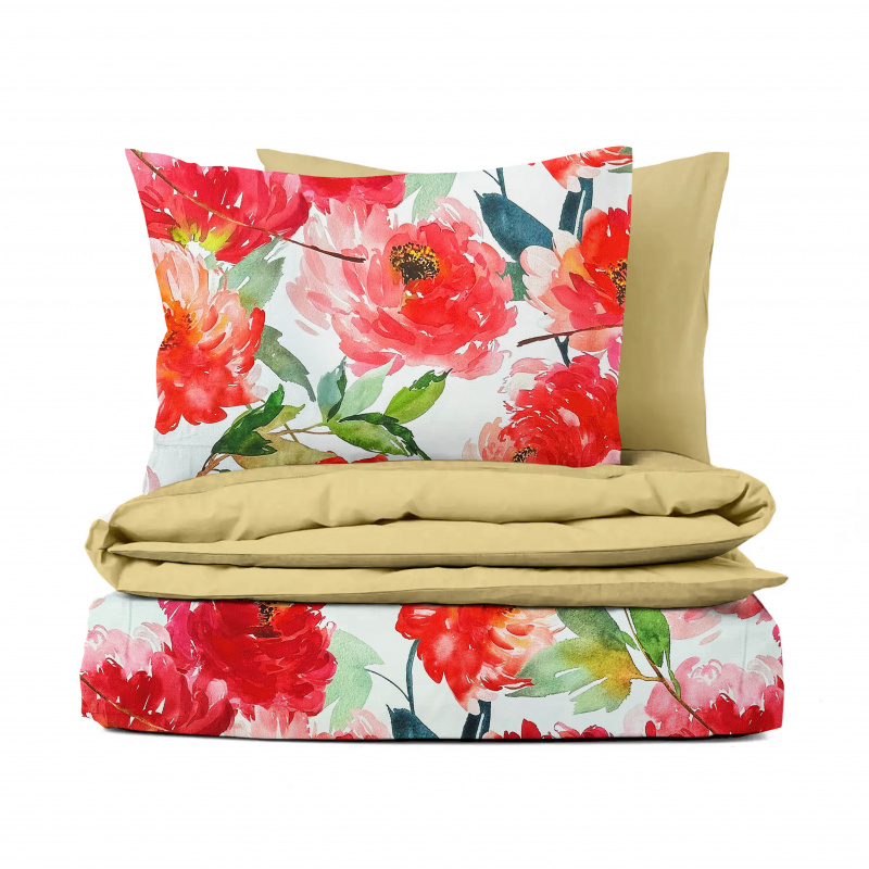 Ervi Bavlněné Saténové povlečení DELUXE DUO - Květinové léto/zlaté