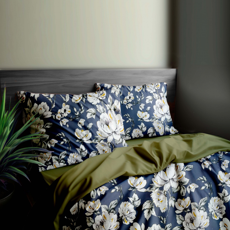 Ervi Bavlněné Saténové povlečení DELUXE DUO - pivoňky na modrém/olivové