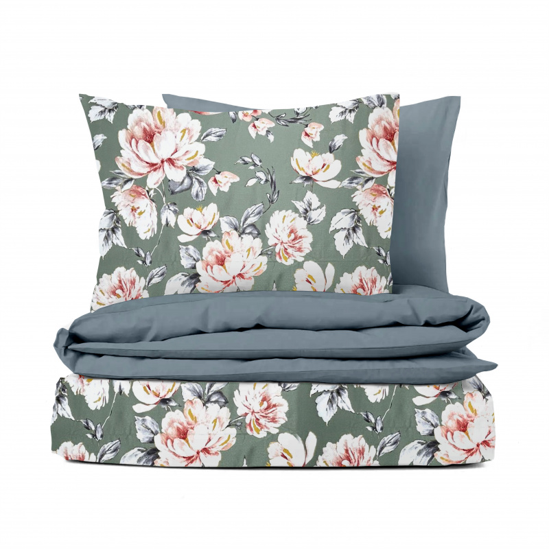 Ervi Bavlněné Saténové povlečení DELUXE DUO - pivoňky na zeleném/šedé