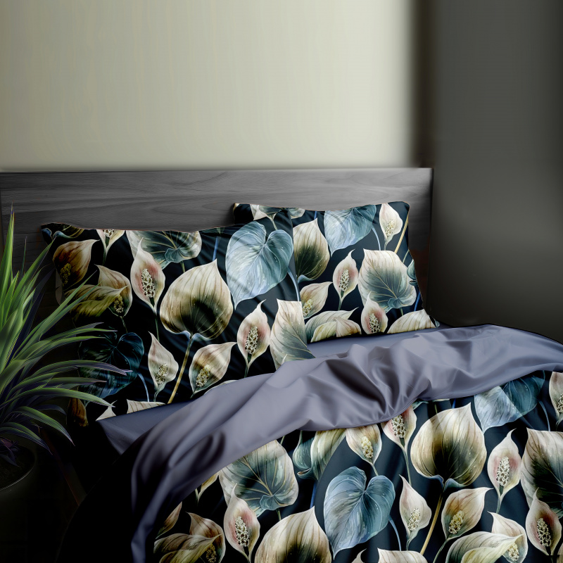 Ervi Bavlněné Saténové povlečení DELUXE DUO - Exotické listy/šedé