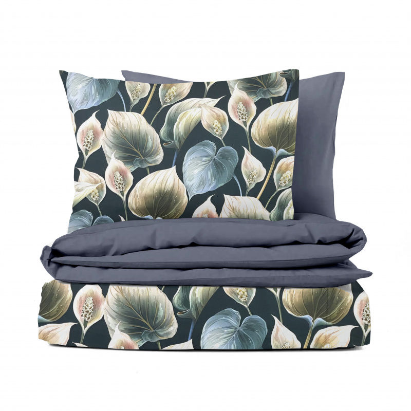 Ervi Bavlněné Saténové povlečení DELUXE DUO - Exotické listy/šedé