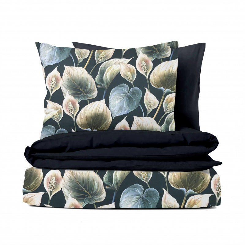 Ervi Bavlněné Saténové povlečení DELUXE DUO - Exotické listy/černé