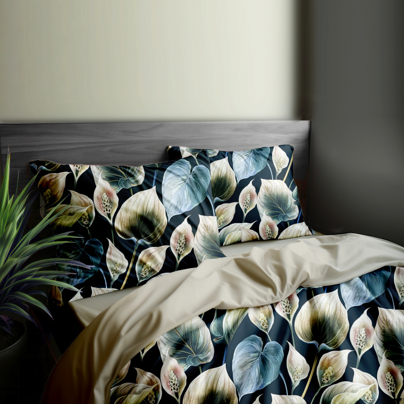 Ervi Bavlněné Saténové povlečení DELUXE DUO - Exotické listy/béžové