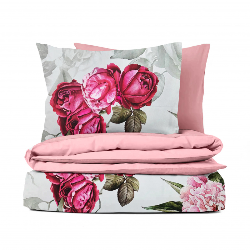 Ervi Bavlněné Saténové povlečení DELUXE DUO - Růžové růže a pivoňky/růžové