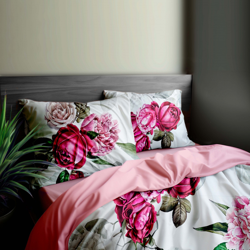 Ervi Bavlněné Saténové povlečení DELUXE DUO - Růžové růže a pivoňky/růžové