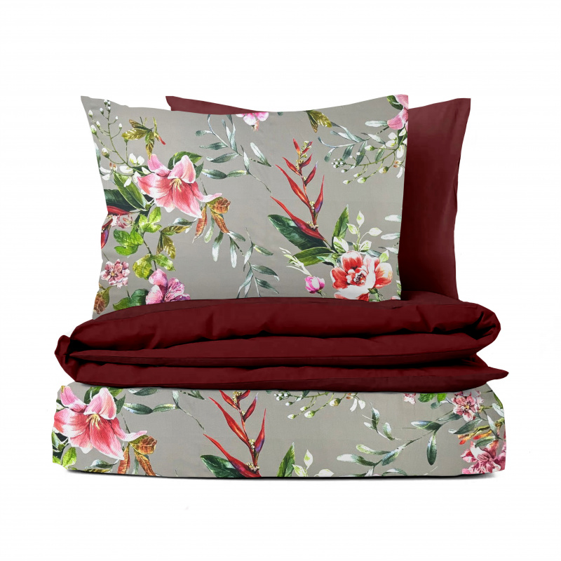 Ervi Bavlněné Saténové povlečení DELUXE DUO - malované kvítí s lístky/bordo
