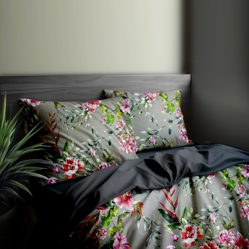 Ervi Bavlněné Saténové povlečení DELUXE DUO - malované kvítí s lístky/tmavě šedé