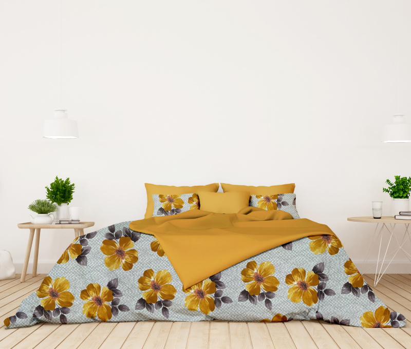 Ervi flanelové povlečení - oranžové květy na šedém/žluté