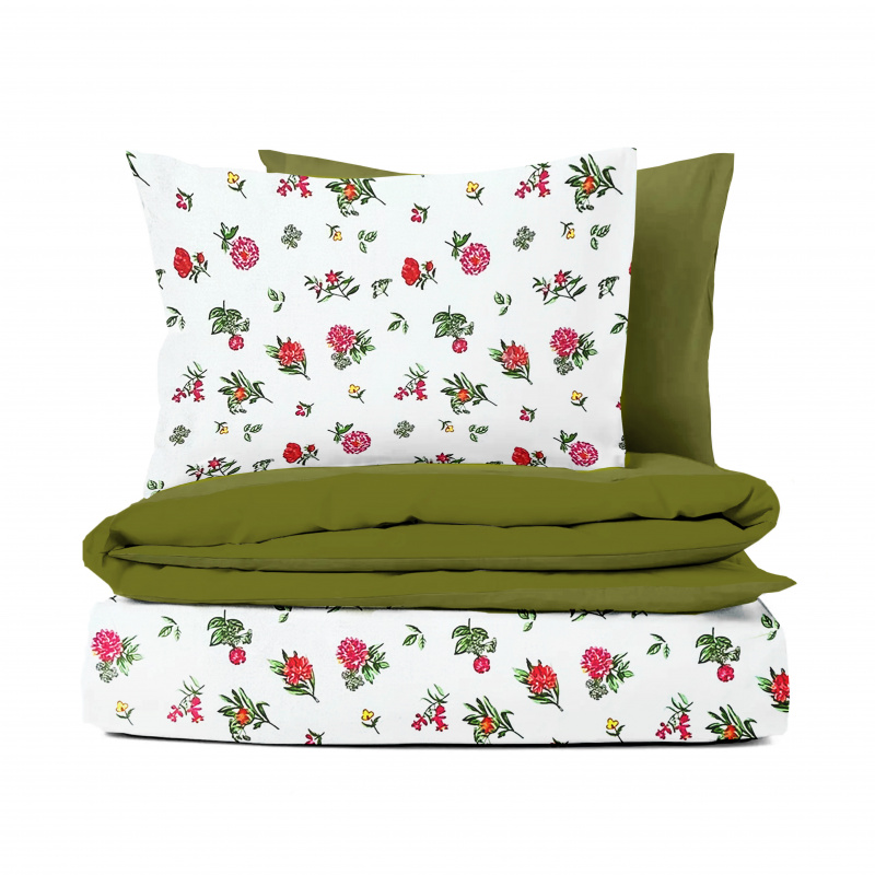 Ervi bavlněné povlečení oboustranné - Květinky na bílém/olivové