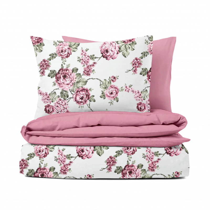 Ervi bavlněné povlečení oboustranné - růžové květy na bílém/růžové