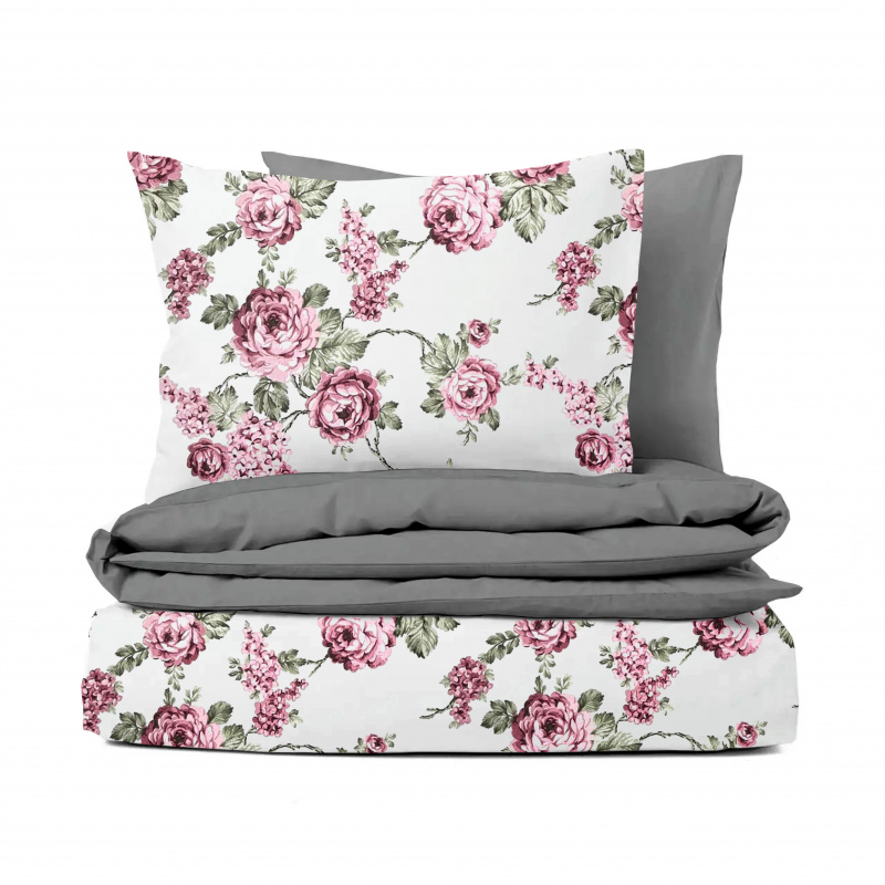 Ervi bavlněné povlečení oboustranné - růžové květy na bílém/šedé