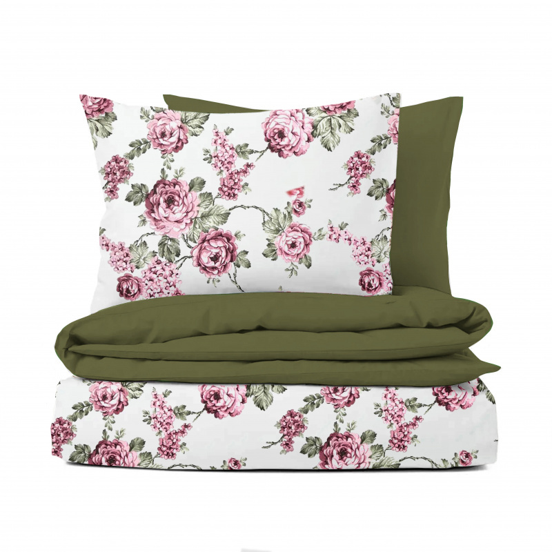 Ervi bavlněné povlečení oboustranné - růžové květy na bílém/olivové