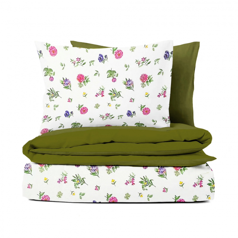 Ervi bavlněné povlečení oboustranné - Modré a růžové květinky/olivové