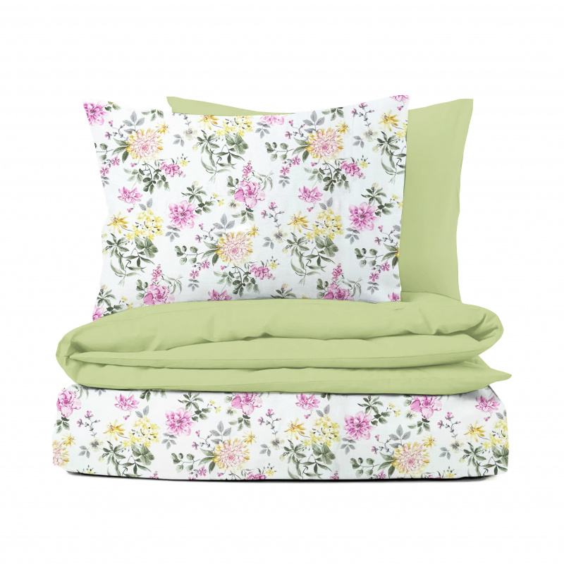 Ervi bavlněné povlečení oboustranné - barevné květiny na bílém/zelené