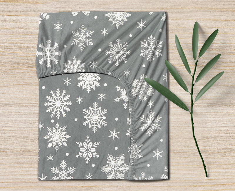 Ervi bavlněné napínací prostěradlo - sněhové vločky na šedém