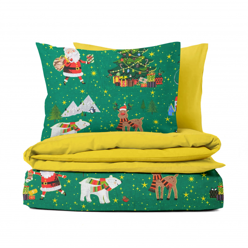 Ervi bavlněné povlečení oboustranné  Vánoční vzor zelený/žluté