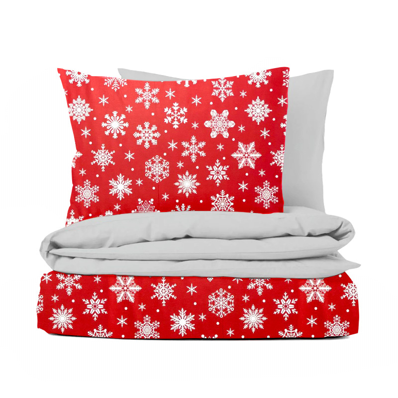 Ervi bavlněné povlečení oboustranné - sněhové vločky na červeném/světle šedé