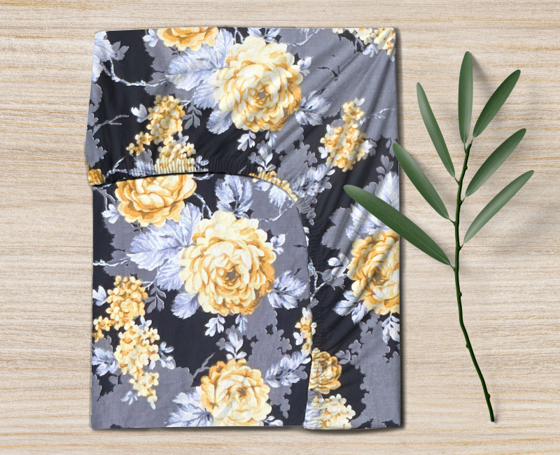 Ervi bavlněné napínací prostěradlo - žluté květy na černém