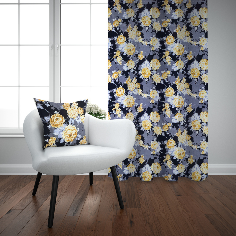 Ervi bavlněný závěs - žluté květy na černém