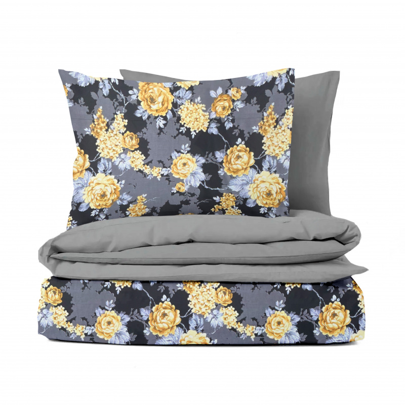 Ervi bavlněné povlečení oboustranné - žluté květy na černém/šedé