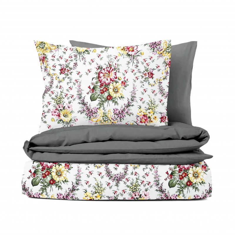 Ervi bavlněné povlečení oboustranné - Kytice na bílém/tmavě šedé