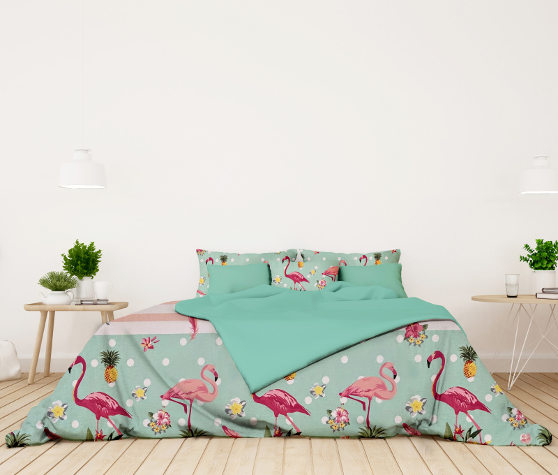 #Ervi bavlněné povlečení oboustranné 200x220 cm - Plameňáci/tyrkysové