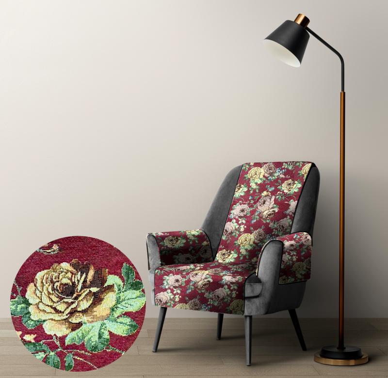 Ervi gobelínový přehoz na křeslo - velké růže gold - bordo