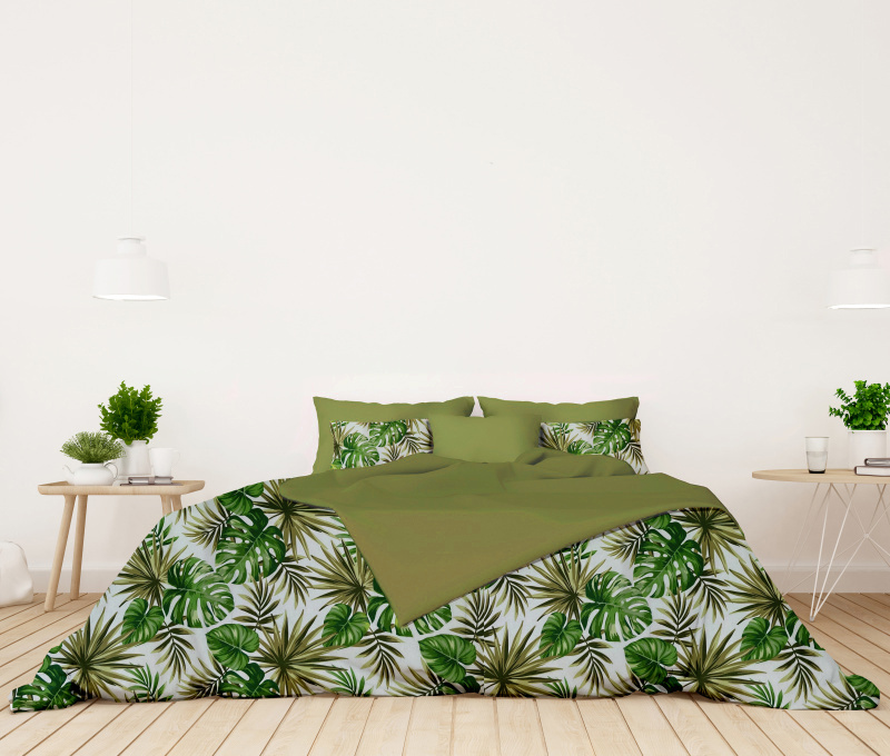 #Ervi bavlněné povlečení oboustranné - Monstera zelená/světle olivové 200x220cm