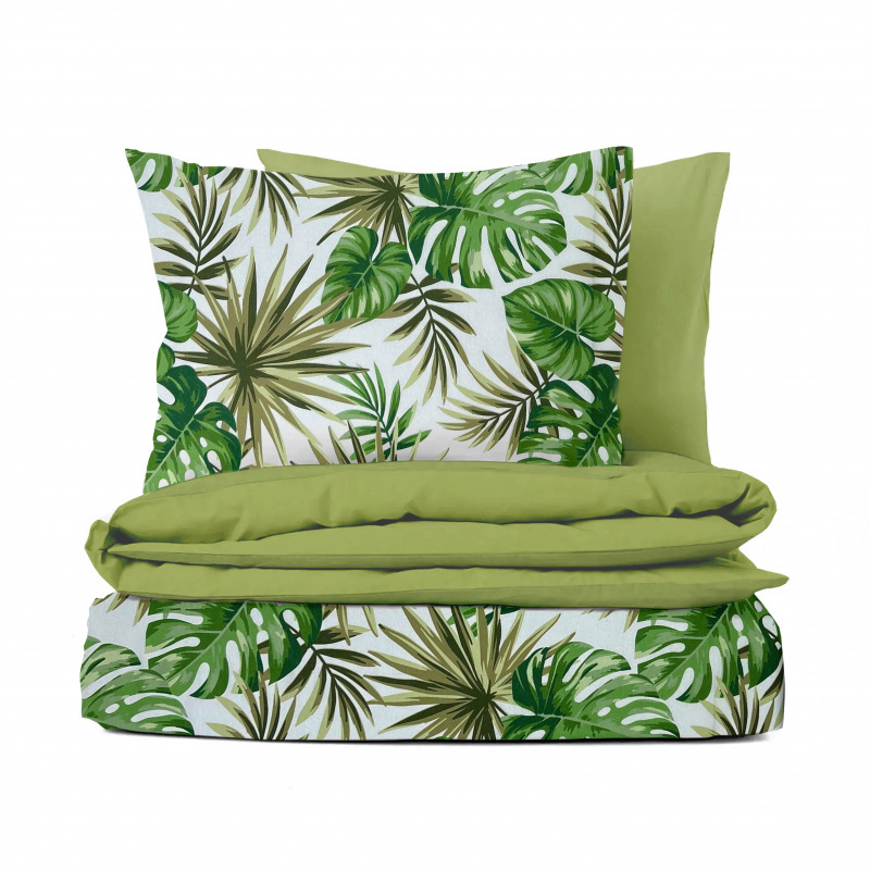 #Ervi bavlněné povlečení oboustranné - Monstera zelená/světle olivové 200x220cm