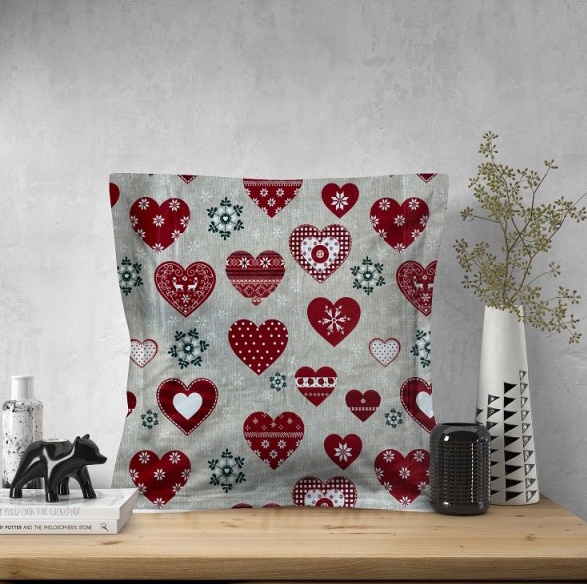 #Ervi povlak na polštář bavlněný s lemem - Vánoční srdíčka na šedém  45 x 45 cm