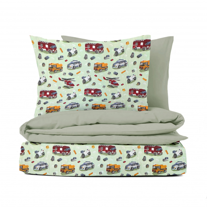 Ervi FLANELOVÉ bavlněné povlečení - autíčká a vrtulníky na zeleném/zelené