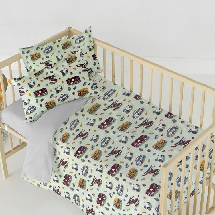 Ervi FLANELOVÉ bavlněné povlečení do postýlky DUO - autíčká a vrtulníky na zeleném/šedé