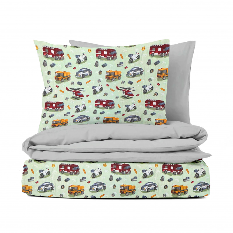 Ervi FLANELOVÉ bavlněné povlečení - autíčká a vrtulníky na zeleném/šedé