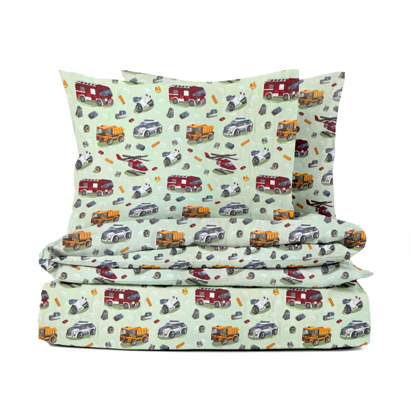 Ervi FLANELOVÉ bavlněné povlečení - autíčká a vrtulníky na zeleném
