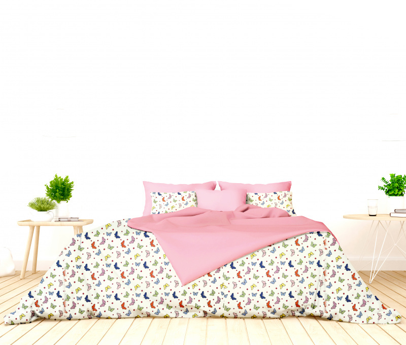 #Ervi FLANELOVÉ bavlněné povlečení DUO - barevné motýlci na bílém/růžové 140x200 cm