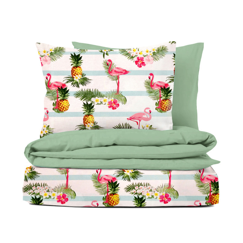 #Ervi FLANELOVÉ bavlněné povlečení - Plameňák/zelené 140x200 cm