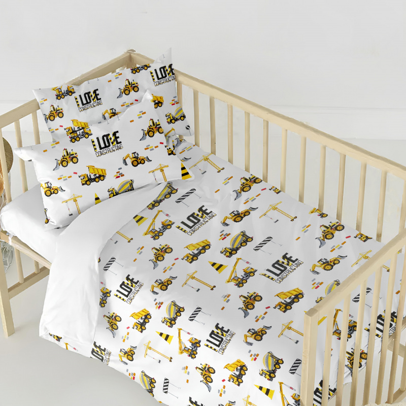 Ervi FLANELOVÉ bavlněné povlečení do postýlky DUO - auta a bagry/bílé