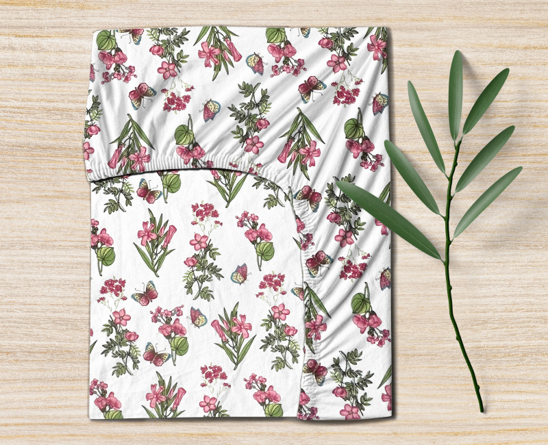 Ervi bavlněné napínací prostěradlo - růžové luční květiny