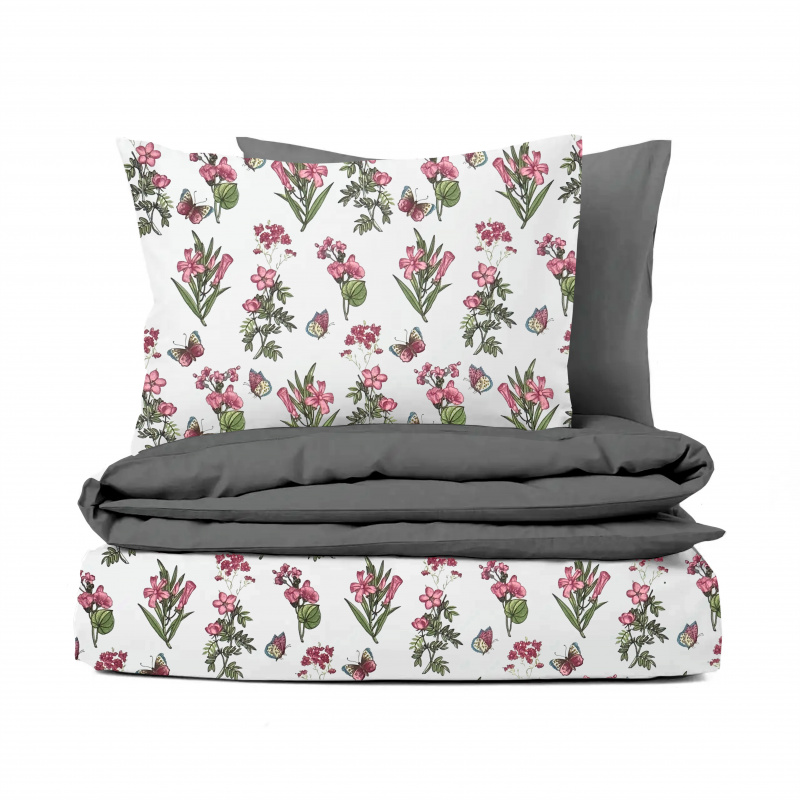 Ervi bavlněné povlečení oboustranné - růžové luční květiny/šedé