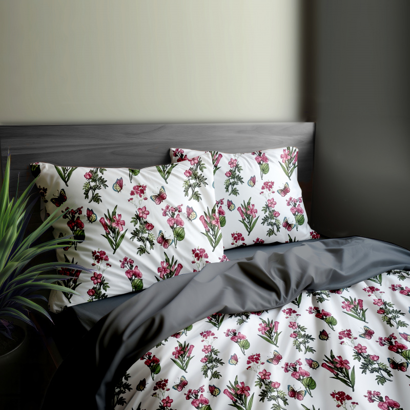 Ervi bavlněné povlečení oboustranné - růžové luční květiny/šedé