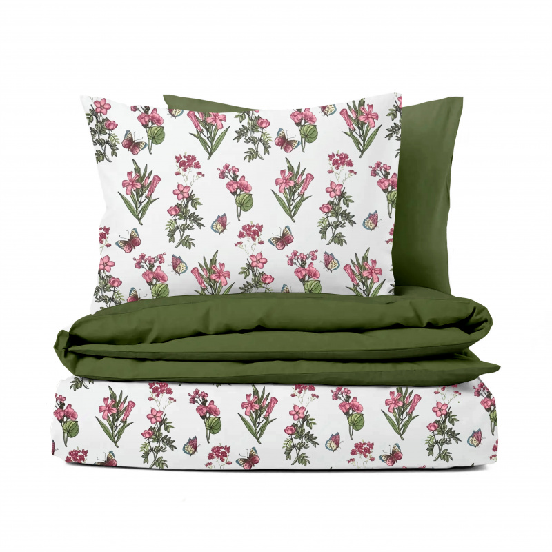 Ervi bavlněné povlečení oboustranné - růžové luční květiny/olivové
