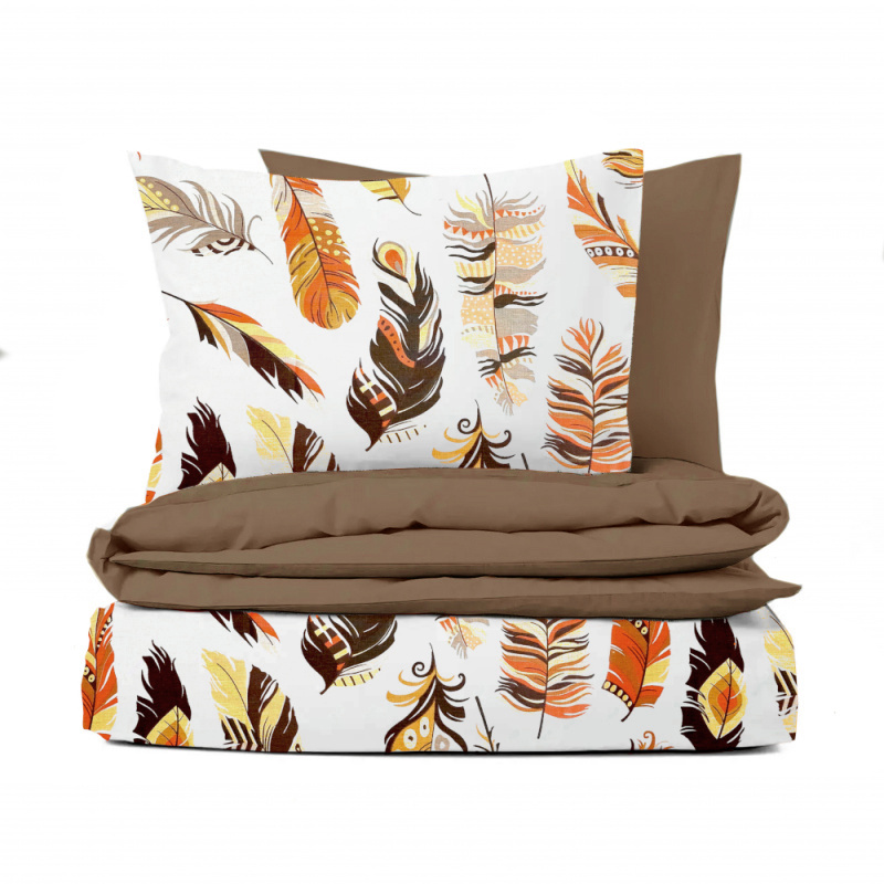 #Ervi bavlněné povlečení oboustranné - oranžové peří/hnědé 140x200 cm