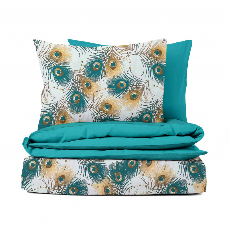 #Ervi bavlněné povlečení oboustranné -  tyrkysové peří/tyrkysové žihané 200x220cm